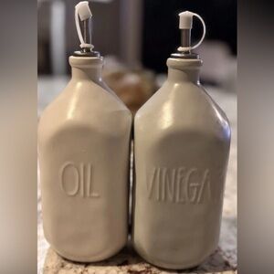 Rae Dunn Cream /Gray Ceramic OIL & VINEGAR Bottles